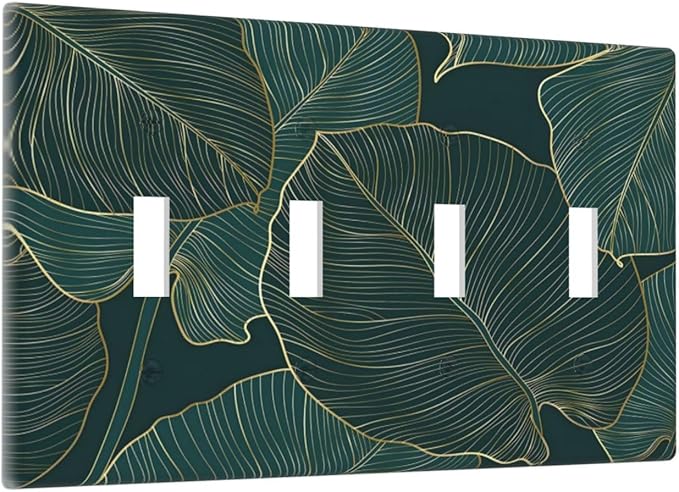 Gold Tropical Green Botanical Palm Leaves Light Switch Covers Quad Toggle Electrical Faceplate 4 Gang Wall Plate Decorative Switch Plates Cover for Bedroom Living Room Decor