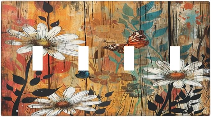 Light Switch Cover Plate Vintage Wooden Daisies Butterflies Floral 4 Gang Quad Toggle Decorative Switch Plates Electrical Wall Plates Faceplate for Bathroom Farmhouse Decor