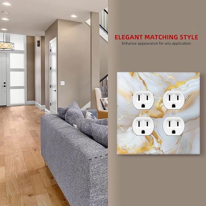 Decorative Outlet Covers Abstract Gold Marble Design with White & Gold 2 Gang Wall Plate Double Duplex Receptacle Light Switch Cover Switch Plate Cover for Modern Luxurious Decor