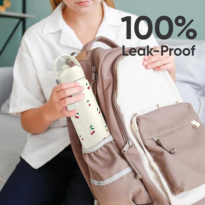 KEWIXY 18 oz Cherry Water Bottle with Straw, Leak Proof, Insulated Stainless Steel with Handle, Reusable, Metal, Backpack-side Fit, for Girls (Cream Cherry)