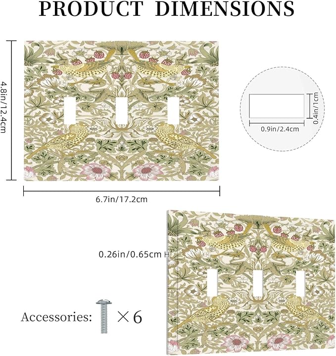 William Morris Vintage Strawberry Bird Botanical Decorative Switch Plates 3 Gang Wall Plate Triple Toggle Light Switch Cover Faceplate Electrical Wall Panels for Farmhouse Home Decor