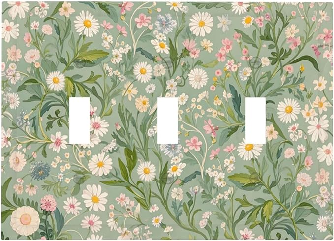 Decorative Switch Plate Cover with Vintage Wildflowers & Daisies on Light Green Background Design 3 Gang Artistic Wall Plate Unique Triple Toggle Light Switch Covers