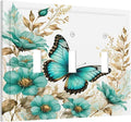 Decorative Light Switch Cover Plate Butterfly on Blue Daisy Flower Floral Golden Leaf 3 Gang Wall Plate Oversized Triple Toggle Switch Cover Plate Jumbo Electrical Face Plate