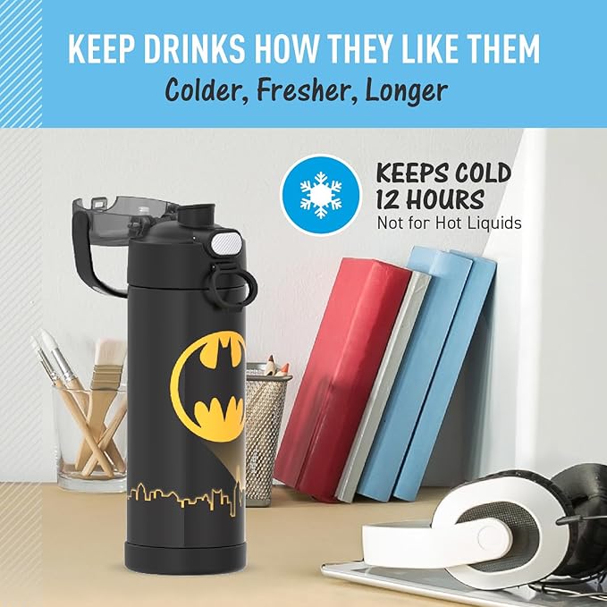 THERMOS FUNTAINER 16 Ounce Stainless Steel Vacuum Insulated Bottle with Wide Spout Lid, BATMAN