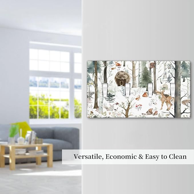 Snow Bear Fox Deer Forest Squirrel Wild Life Animal Light Switch Covers Quad Toggle Electrical Faceplate 4 Gang Wall Plate Decorative Switch Plates for Farmhouse Kids Room Decor