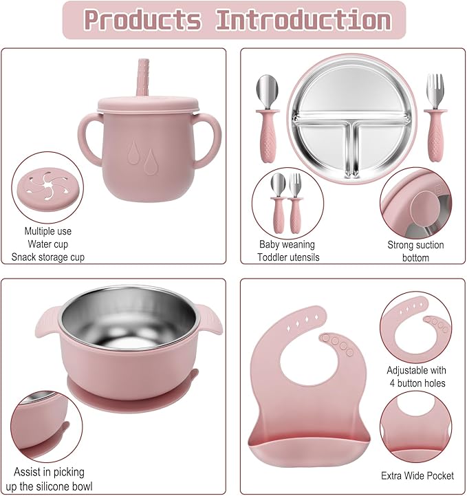 MISSLILI Stainless Steel Kids Plates and Bowls Set with Suction, Divided Baby Plate and Toddler Bowl with Removable Silicone Suction,Stainless Steel Weaning Bundle, Silicone Baby Feeding Set (Pink)