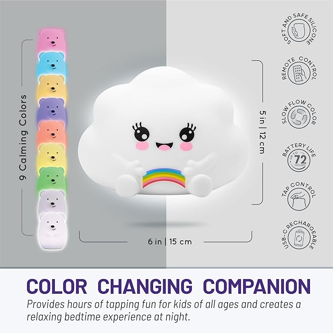Lumipets Cloud Squishy Night Light for Kids | Soft Silicone Bedside Mood Lamp with Remote & Tap Control | Rechargeable Color Changing Night Light for Boys & Girls | Portable Nightlight with USB Cord