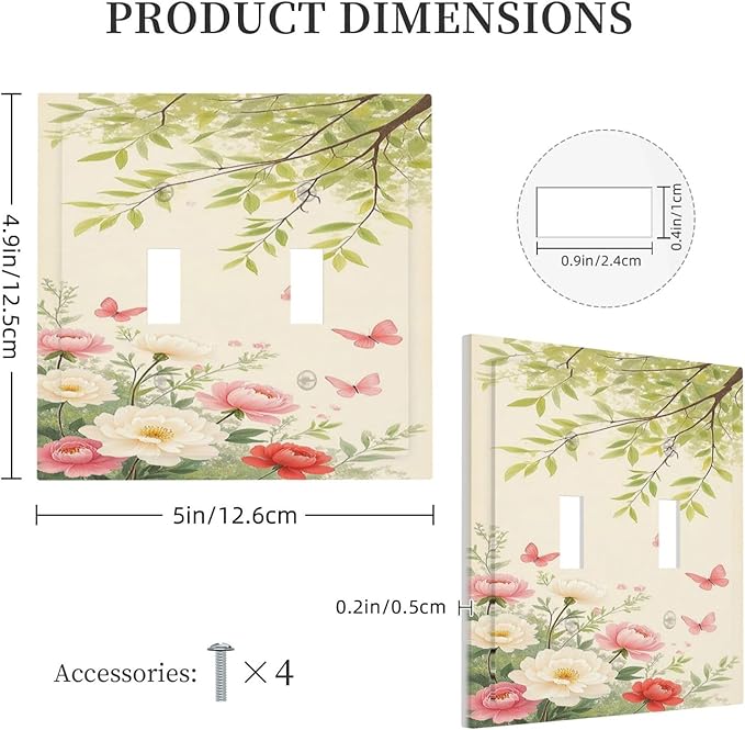 Decorative Switch Plates Garden Flowers Green Leaves And Butterflies 2 Gang Double Toggle Wall Plate Outlet Light Switch Cover Electrical Faceplate for Bedroom Cabin Decor