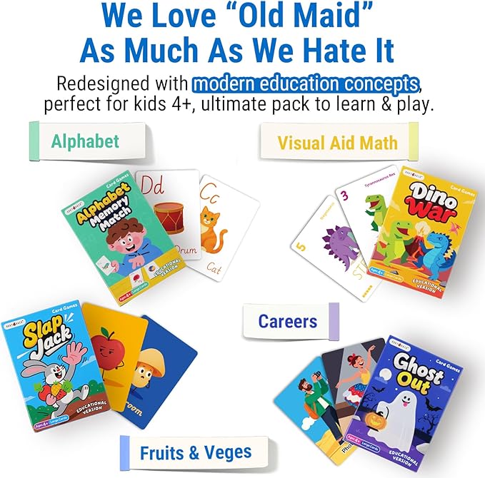 rokt&razo 6 in 1 Educational Kids Card Games, Alphabet Memory Match, Slap Jack, Go Fish, Crazy Eights, War, Ghost Out (Formerly Old Maid), Large Kids Playing Cards, Easter & Stocking Stuffers