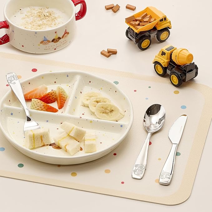 KINGSTONE Kids Silverware Set 3 Pieces, 18/10 Stainless Steel Fork, Spoon & Knife, Construction Vehicle, Digger & Dump Truck Kids Utensils, Food-Grade, Dishwasher Safe for Children Daily Use