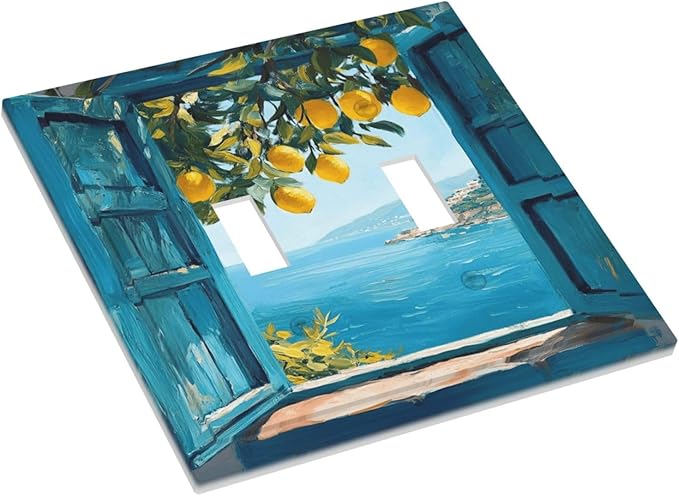 Window View Coastal Lemon Tree Mediterranean Landscape Decorative Switch Plates 2 Gang Double Toggle Outlet Light Switch Cover Wall Plate Electrical Faceplate for Bedroom Living Room Decor