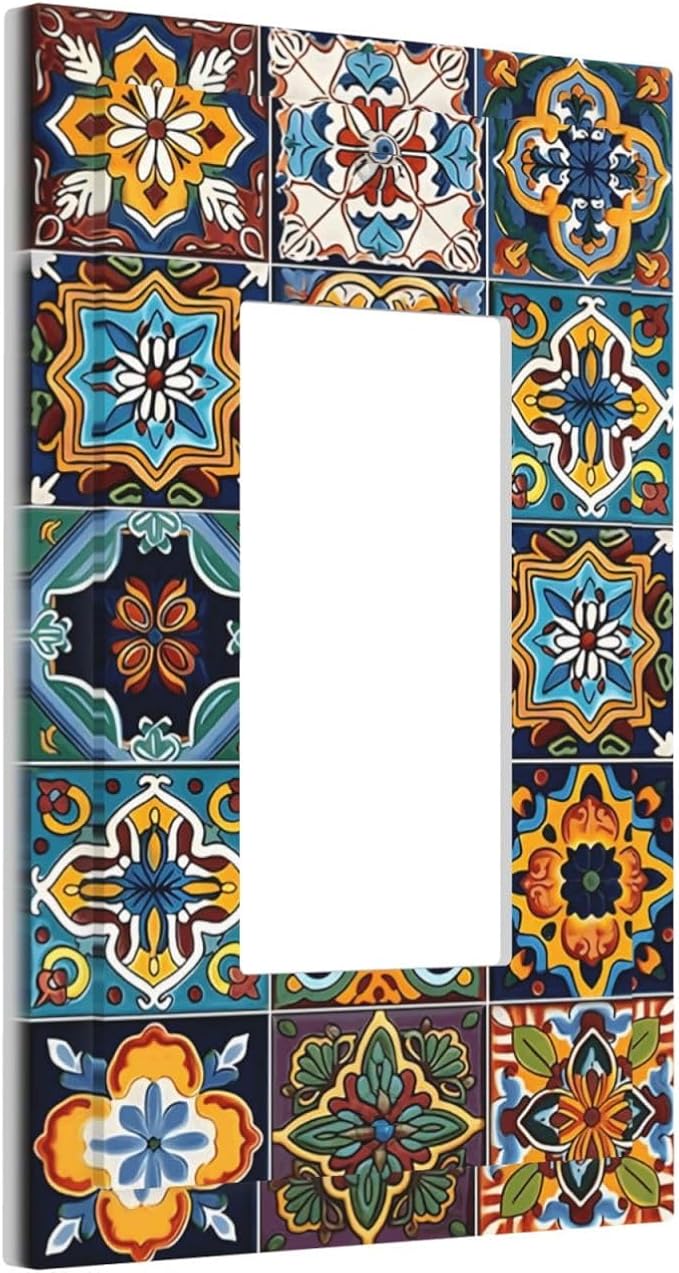 Mexican Talavera Tiles Floral Decorative Outlet Covers 1 Gang Single Rocker Light Switch Cover Plate Wall Plates GFCI Faceplate for Bathroom Kitchen Decor