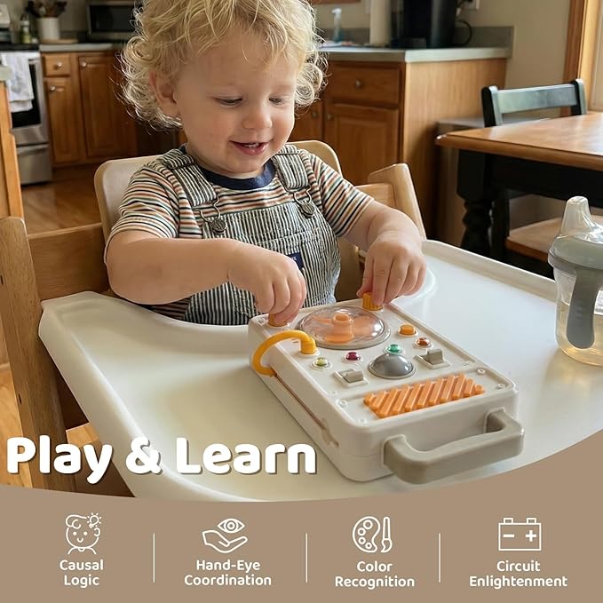 SOCBTNSO Montessori Busy Board for 1+ Year Old - Electronic Light & Activity with Buttons, Switches, Fan & Rotating Knobs | Sensory Learning Travel Toys & Gifts for Toddler Boy/Girl Age 1 2 3