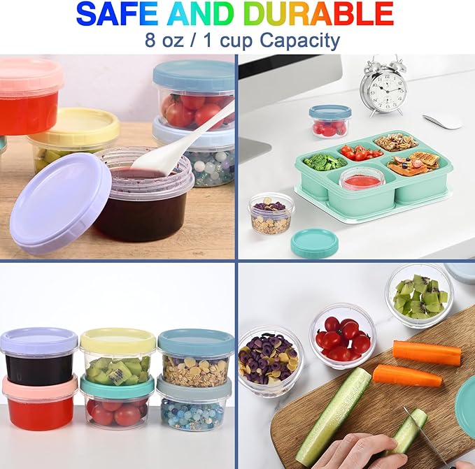 Yomarket 24pcs 8 oz Plastic Containers with Screw Lids, Reusable Clear Food Storage Containers with Pen and Brush for Snack Salad Fruit, Leakproof Small Freezer Containers, Microwave & Dishwasher Safe