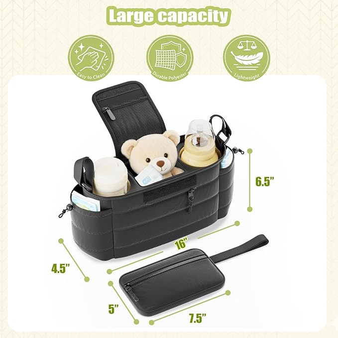 Stroller Organizer Caddy with Insulated Cup Holder & Detachable Phone Purse, Lightweight Universal Stroller Caddy for Busy Moms - Black