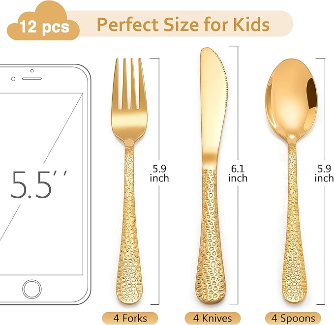 LIANYU 12-Piece Kids Gold Silverware Set, Stainless Steel Toddler Utensils, Hammered Metal Preschooler Flatware Cutlery Set, Children Tableware Includes Knives Forks Spoons, Dishwasher Safe