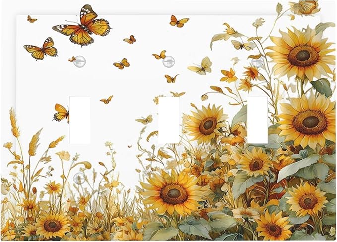 Sunflower Gold Wildflowers Summer Butterfly Decorative Switch Plates 3 Gang Wall Plate Triple Toggle Light Switch Cover Faceplate Electrical Wall Panels for Bedroom Living Room Decor
