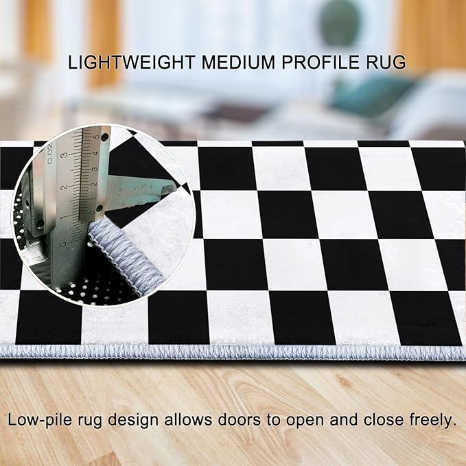 Black and White Washable Area Rug 3 x 5 ft Carpet Non Slip Area Rug, Geometric Black and White Checkered Soft Flannel Floor Carpet for Living Room Bedroom Throw Runner Rugs