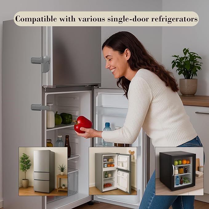 2 Pack Child Proof Fridge Lock, Baby Safety Refrigerator & Freezer Door Lock for Toddlers, Kids & Pets, One-Hand Operation, Strong Adhesive, No Tools or Drilling Needed, White