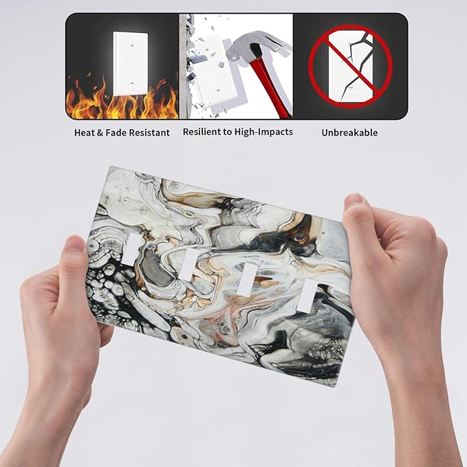 Black Gold Marble Texture Modern Abstract Print Light Switch Covers Quad Toggle Electrical Faceplate 4 Gang Wall Plate Decorative Switch Plates for Bathroom Kitchen Decor