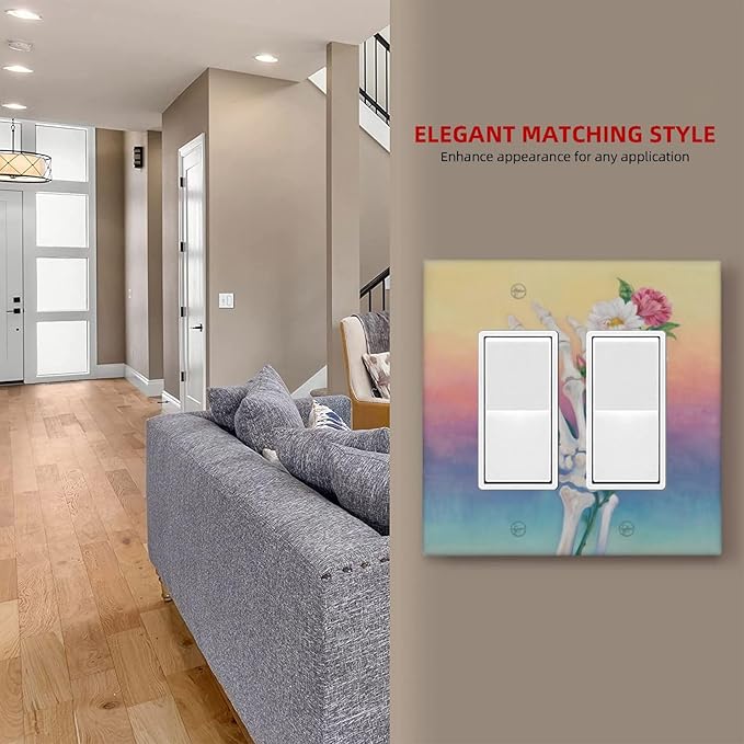 Skeleton Flower Double Rocker Wall Plate Decorative 2 Gang Light Switch Covers Electrical Switchplate Home Decorate Faceplat for Bathroom Bedroom Kitchen Room 4.5 x 4.5 Inch