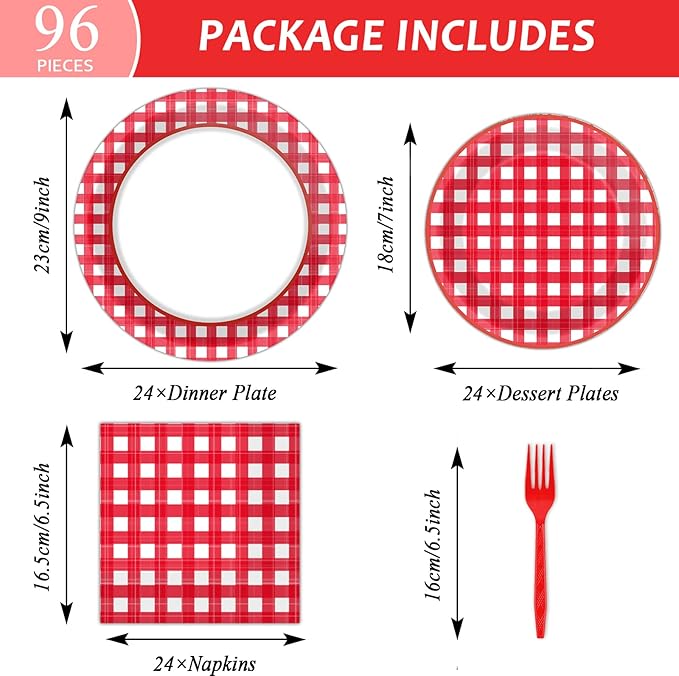 Tevxj 96 PCS Picnic Party Plates Red and White Gingham Checkered Plaid Party Tableware Barbecue Disposable Paper Plates Napkins Forks Birthday Party Decorations Supplies Favors for 24 Guests