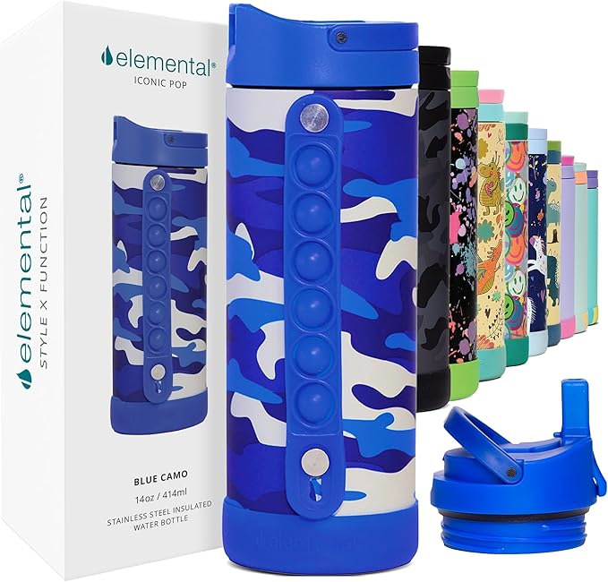 Elemental Iconic Kids Water Bottle for School - 100% Leak-Proof Insulated Water Bottles with Straw Lid & Pop-It Handle for Boys & Girls - Triple-Wall Insulated & BPA-Free, 14oz - Blue Camo