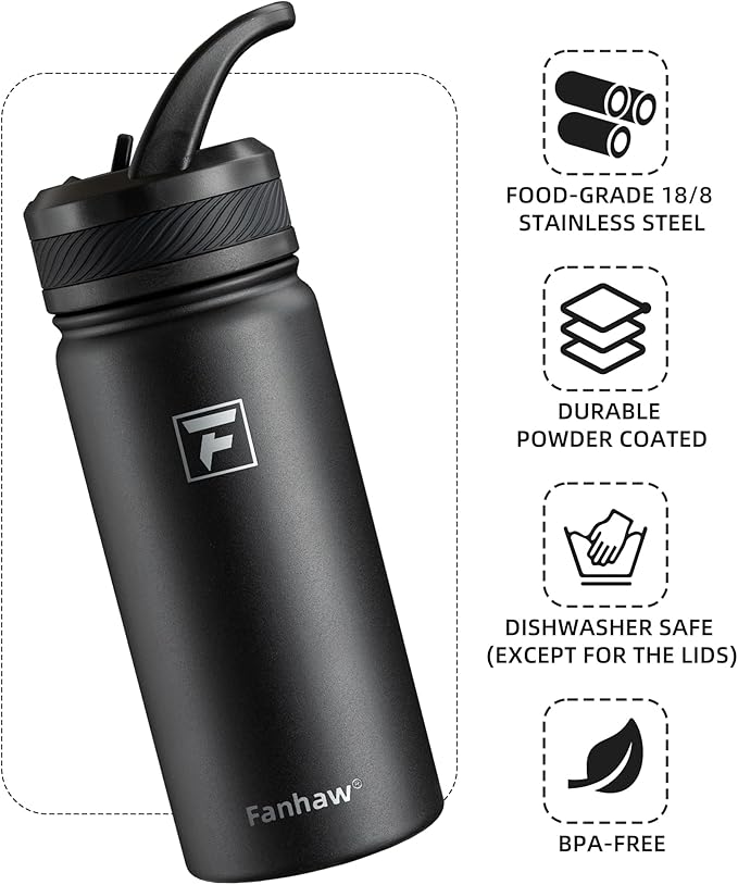 Fanhaw 18 Oz Kids Insulated Water Bottle with Straw Lid – Stainless Steel Double Wall Vacuum, Leak-Proof, BPA-Free Water Bottles for School Boys & Girls(Black)