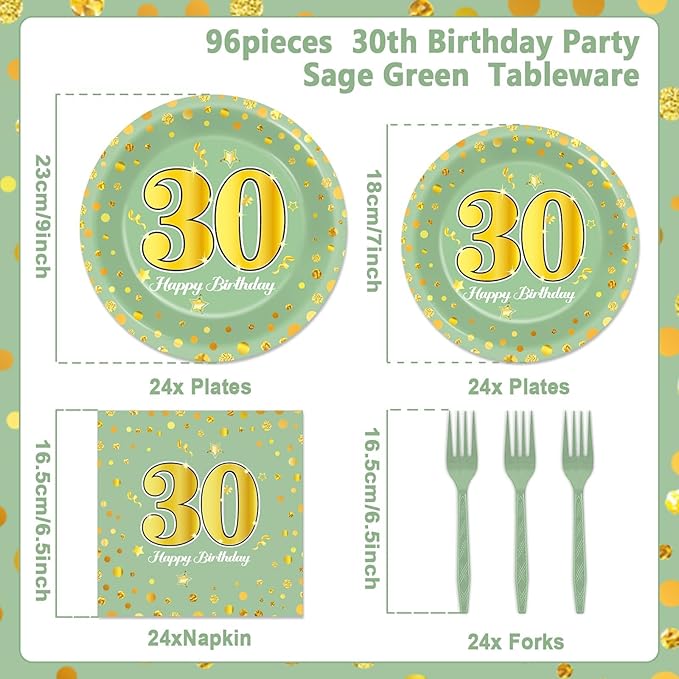 96Pcs Green Gold 30th Birthday Party Plates and Napkins for Women Men Sage Green 30 Year Old Birthday Party Supplies Themed Paper Dessert Plates Tableware Set for 24 Guests Party Decorations