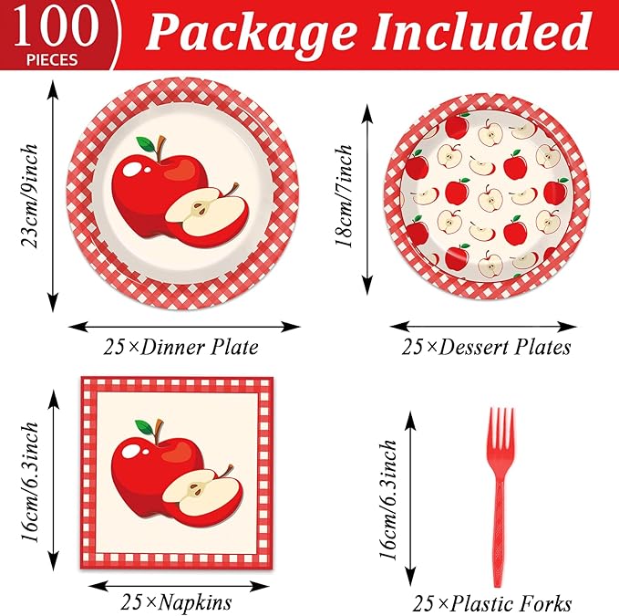 Qyeahkj 100 Pcs Apple Party Supplies Back to School Plates and Napkins Fruit Themed Decorations Apple Birthday Tableware Set Disposable Dinnerware Decor Serves 25 Guests