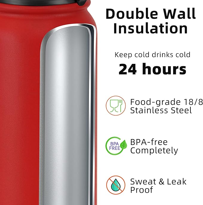 Fanhaw 32 oz Insulated Stainless Steel Water Bottle with Straw Lid, Leakproof Sports Bottle for Men, Women & Teens (Red)