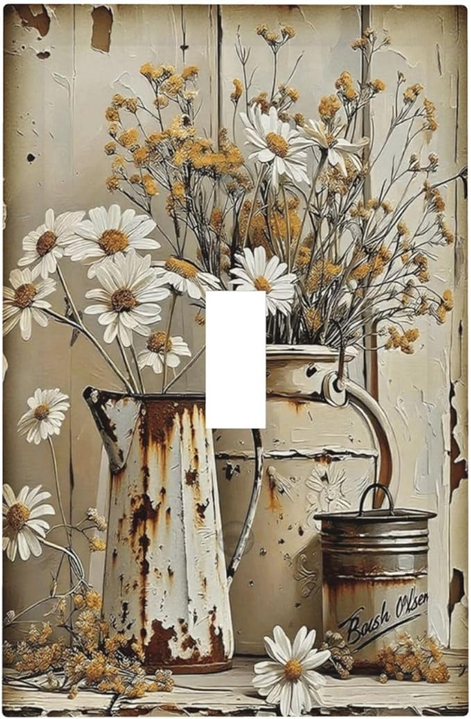 Rustic Flowers Daisy Floral White Wooden Planks Decorative Light Switch Cover 1 Gang Single Toggle Device Electrical Faceplate Switchplates Decorator Outlet Wall Plate for Farmhouse Home Decor