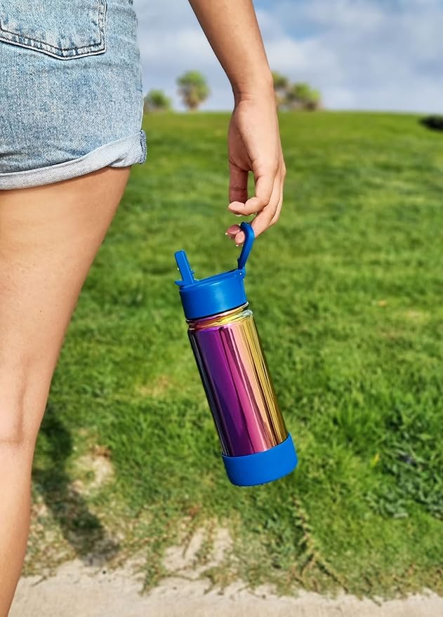CHILLOUT LIFE 17 oz Kids Insulated Water Bottle for School with Straw Lid Leakproof and Cute Waterproof Stickers, Personalized Stainless Steel Thermos Flask Metal Water Bottle, Dishwasher Safe Color