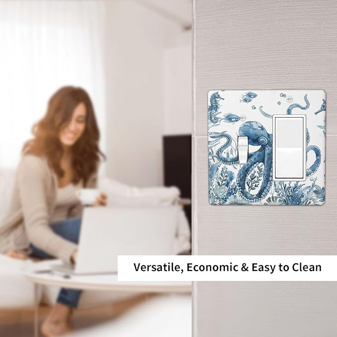 Blue Octopus Squid Seahorse Coral Watercolor Wild Sealife Outlet Covers 1 Toggle 1 Rocker Combination Decorative Wall Plate Electrical Switch Plates Light Switch Cover Plate for Bathroom Kids Room