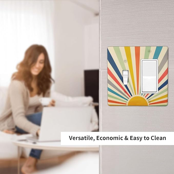 Retro Hippie Boho 60s Sun 2 Gang Combination 1-Toggle 1-Rocker GFCI/Decorator Outlet Light Switch Cover Vintage 70s Mid Century Abstract Sunrise Decorative Combo Two Dual Device Receptacle Wall Plate