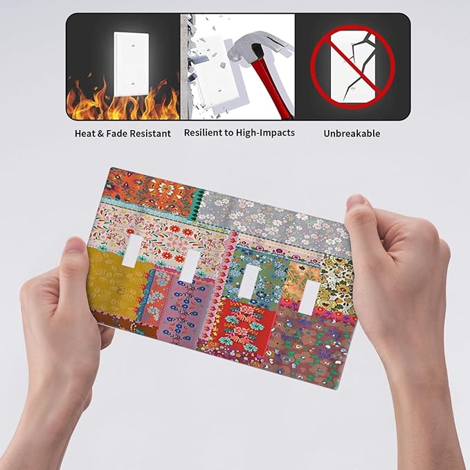 Light Switch Cover Boho Patchwork Bohemian Stitching Colorful Floral 4 Gang Switch Plate Quad Toggle Wall Plates Decorative Switchplate Electrical Outlet Cover Plates for Bathroom Home Decor