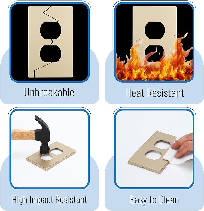 Bates- Screwless Duplex Wall Plate, Standard Size, 4.68" x 2.9", 6 Pack, Gold, 1-Gang Child Safe Receptacle Outlet Cover, Unbreakable Polycarbonate Thermoplastic