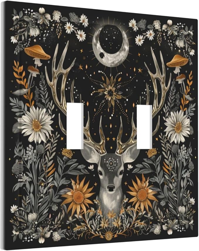 Light Switch Cover Plate Vintage Deer Flowers Moon Natural Plants Floral 2 Gang Double Toggle Decorative Switch Plates Wall Plates Electrical Faceplate for Bathroom Bedroom Decor