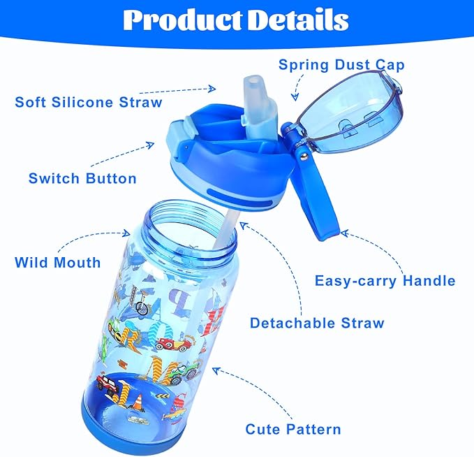decalsweet Kids Water Bottle 20oz Durable Leak-Proof Plastic Water Cup for Kids Toddlers,With Straw Handle and Pop-Up Spout Cover,Safe for School Sports Daycare Travel & Camp