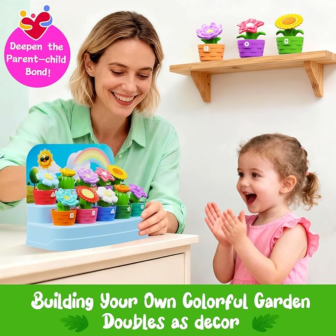 Montessori Flower Garden Building Toy for Toddlers, Gardening Set with Watering Can, Shovel, Rake, Shape & Color Sensory Toys, Preschool Learning Toys,Toddler Outdoor Toys,Gift for Baby Girls Boys