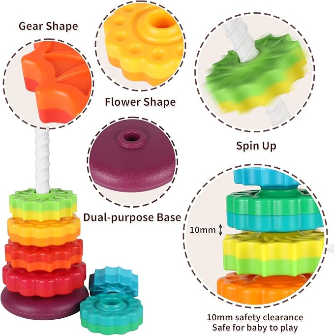 JUXUE Spinning Toy, Rainbow Stacking Toys for Toddlers 1-3, Ring Stacker Baby Toys 6 to 12 Months, 1 One Year Old Girl Boy Christmas Birthday Gifts, Montessori Autism Sensory Toy