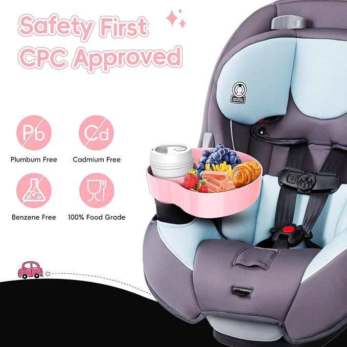 Kids Car Seat Tray, Travel Tray with Cup Holder for Toddler, Kids Car Seat Food Snack Holder for Road Trip, Stroller snack Organizer travel must haves - Pink Color