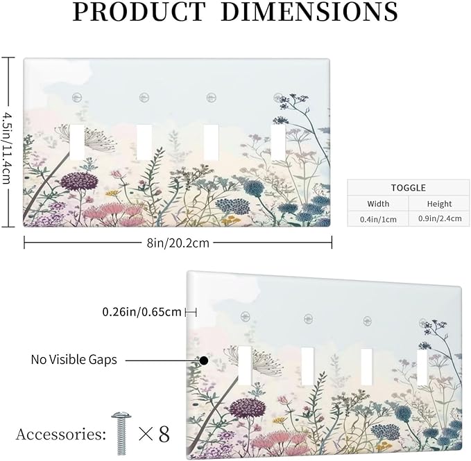 Colorful Wildflower Watercolor Dandelion Floral Light Switch Covers Quad Toggle Electrical Faceplate 4 Gang Wall Plate Decorative Switch Plates For Cabin Home Decor
