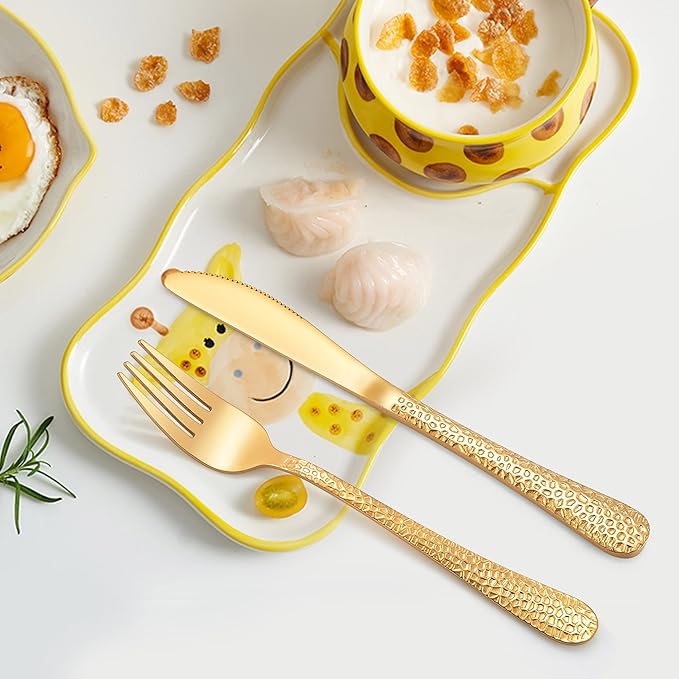 LIANYU 12-Piece Kids Gold Silverware Set, Stainless Steel Toddler Utensils, Hammered Metal Preschooler Flatware Cutlery Set, Children Tableware Includes Knives Forks Spoons, Dishwasher Safe
