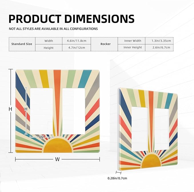 Retro Vintage Hippie Rainbow Boho 70s Mid Century Sun Abstract Sunrise 2 Gang Screwless Double GFCI Decorator/Rocker Outlet Light Switch Wall Plate Covers Decorative Dual Device Receptacle Faceplate