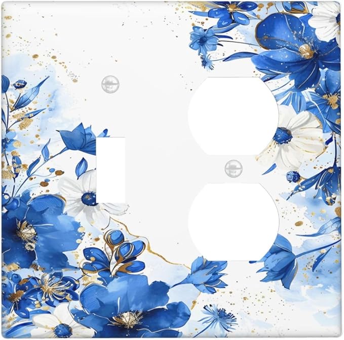Klein Blue Flowers Watercolor Golden White Floral Wallplates 1 Toggle 1 Duplex Switch Plate Electrical GFCI Faceplate Decorative Light Switch Covers for Bedroom Living Room Decor