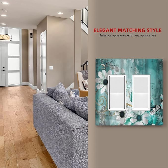 Decorative Outlet Covers Turquoise Flowers and Butterflies Rustic Teal White Floral 2 Gang Wall Plate Double Rocker Decora Light Switch Cover Plate Dual Electrical GFCI Switch Plate Cover