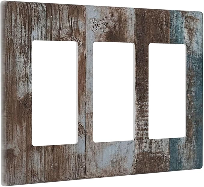 Vintage Blue Brown Wood Grain Light Switch Covers 3 Gang Rocker Decorative Triple Outlet Wall Plate Cover Switchplate Electrical Gfci for Bedroom Farmhouse Decor