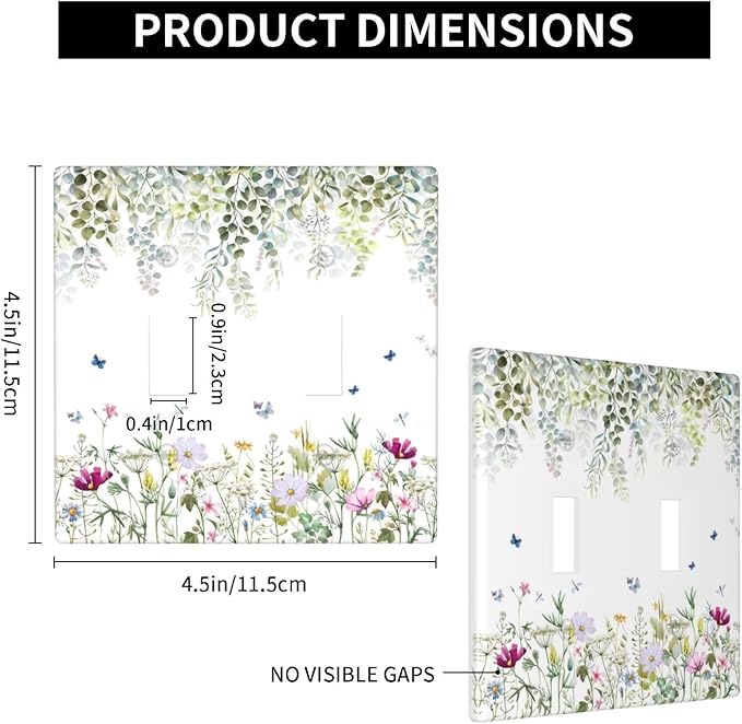 Green Floral Leaves Light Switch Cover Decorative Wild Flower 2 Gang Double Toggle Wall Plate Electrical Switchplate Faceplate for Bathroom Kitchen Bedroom