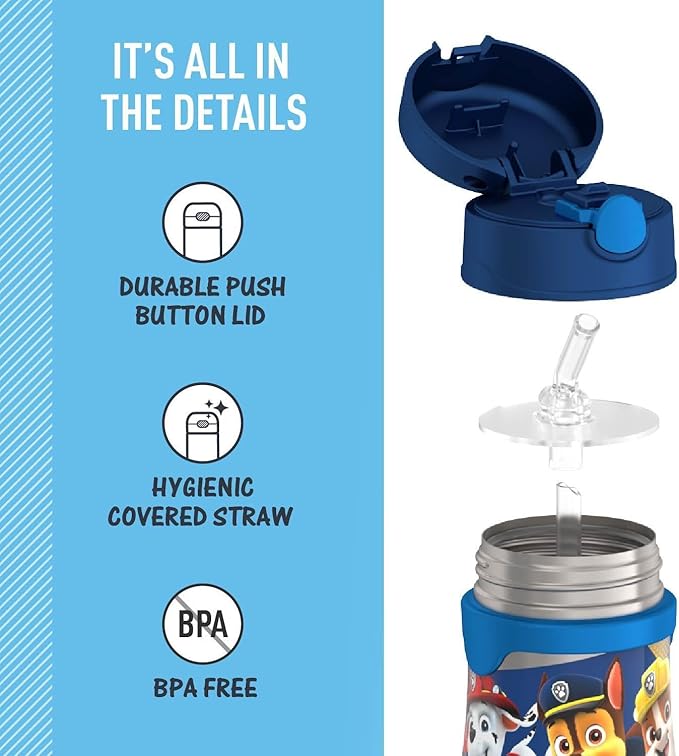THERMOS Vacuum Insulated Stainless Steel 10oz Straw Bottle, PAW PATROL BOY